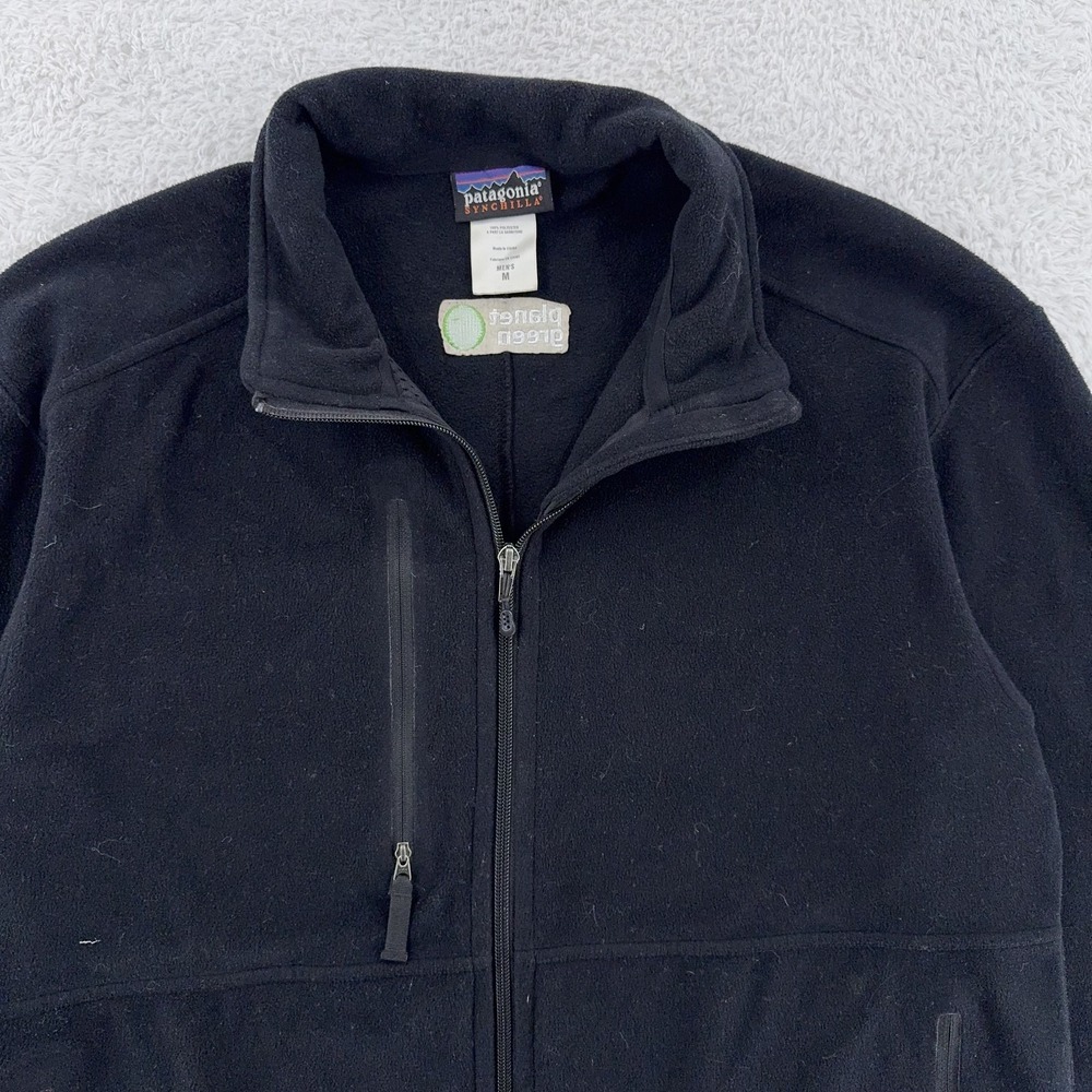 Patagonia Synchilla Jacket Mens Medium Black Full Zip Fleece Planet Green Logo‎